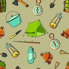 Wall Mural - Camping. Seamless pattern with hiking attributes. Stock illustration. Cartoon style. Design for wallpaper, fabric, textile, packaging, website.