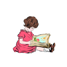 Little Girl Reading Book. Child In Retro Style Sitting On The Floor. 