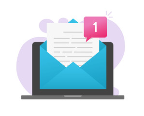 Fototapete - New email newsletter or electronic mail letter notice vector message on laptop computer or inbox incoming notification on pc screen flat cartoon icon, concept of digital or internet message isolated