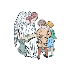 Christ reads bible with children. Angel holds an open book. Biblical heavenly symbol of man with wings. Decor for greeting retro cards for Christmas, Easter and other religious holidays. 
