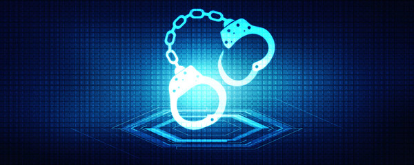 Sticker - 2d illustration Cyber Security concept: pixelated handcuffs icon on digital background, Cyber crime concept