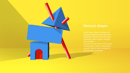 Poster - Abstract 3D objects or elements installation balancing in the yellow room for a booklet of banner