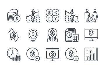 Poster - Cash and Money line icon set. Payment and Dollar outline vector icons. Savings and Family Budget icon collection.