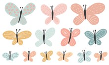 Cute Doodle Butterfly Set. Collection Of Pastel Colors Hand Drawn Butterflies 