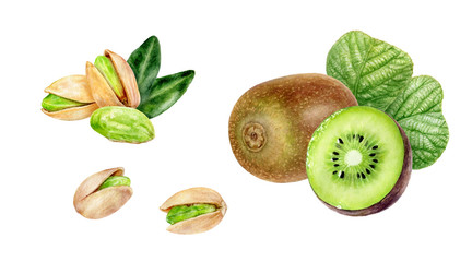 Wall Mural - Kiwi fruit pistachio set watercolor isolated on white background