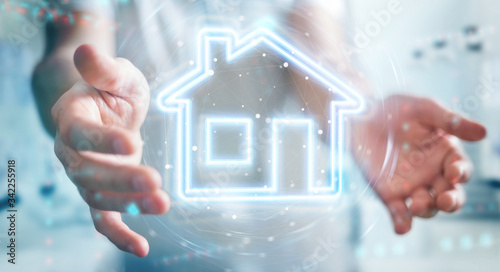 Cuadros en Lienzo Man using real estate digital neon interface 3D rendering