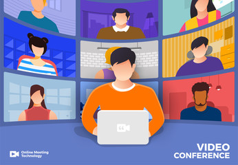 Illustrations flat design concept video conference. online meeting work form home. Vector illustrate.