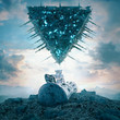 Alien pyramid power / 3D illustration of science fiction scene with astronaut encountering giant space ship after crash landing on desert planet