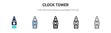 Clock Tower Icon In Filled, Thin Line, Outline And Stroke Style. Vector Illustration Of Two Colored And Black Clock Tower Vector Icons Designs Can Be Used For Mobile, Ui, Web
