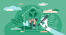 Green Home Vector Illustration. Ecological House Flat Tiny Persons Concept.