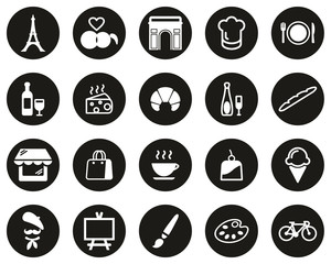 Sticker - Paris City & Culture Icons White On Black Flat Design Circle Set Big