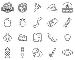 Wall Mural - Pizza & Pizza Ingredients Icons Black & White Thin Line Set Big