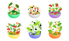 Sliced Vegetable And Fruit Salad Ingredients Falling Down In The Bowl Vector Set