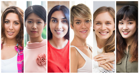 Wall Mural - Happy confident diverse ladies portrait set. Smiling women of different races multiple shot collage. Business people concept