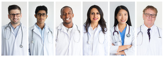 Wall Mural - Positive confident multiethnic hospital doctors isolated portrait set. Young men and women of different races and ages in medical white coats shot collage. Medicine and healthcare concept