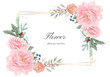 Flower frame golden pink peony. Wedding flower invitation card. Watercolor flora greeting.