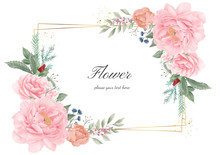 Flower Frame Golden Pink Peony. Wedding Flower Invitation Card. Watercolor Flora Greeting.
