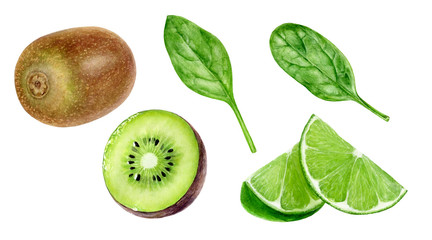 Wall Mural - Kiwi fruit lime spinach set watercolor isolated on white background