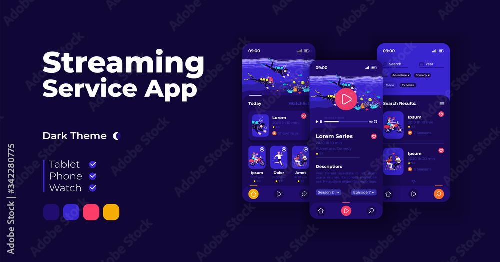 Streaming service cartoon smartphone interface vector templates set ...