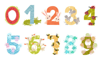 Wall Mural - Numbers in Childish Style with Animals and Insects Attached to Each Numeral Vector Set