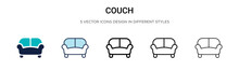 Couch Icon In Filled, Thin Line, Outline And Stroke Style. Vector Illustration Of Two Colored And Black Couch Vector Icons Designs Can Be Used For Mobile, Ui, Web
