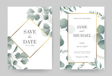 Watercolor Eucalyptus Wedding Invitation Card With Gold Frame. Beautiful White Card Background. Set Card Template.
