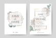 Watercolor white peony wedding invitation card in gold frame. Eucalyptus leaves. Beautiful greeting card . Set card template.