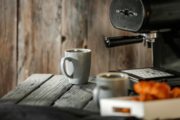 Sticker - Morning coffee on a wooden table in the light of the sun