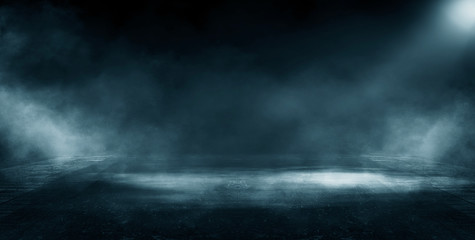 Wall Mural - dark street, wet asphalt, reflections of rays in the water. abstract dark blue background, smoke, sm