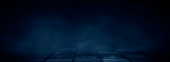 Fototapete - Dark street, wet asphalt, reflections of rays in the water. Abstract dark blue background, smoke, smog. Empty dark scene, neon light, spotlights. Concrete floor