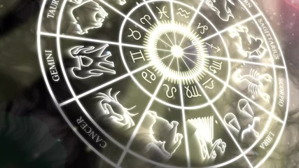 4k zodiac horoscope wheel with star signs, symbols and icons. 3d horoscope wheel with glowing astrol