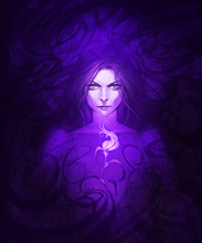 Original Hand Drawn Fantasy Portrait Of A Mysterious Beautiful Woman With Long Dark Hair Holding Glowing Magic Flower