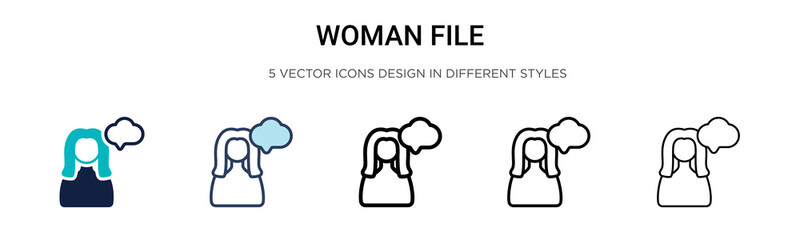 Poster - woman file icon in filled, thin line, outline and stroke style. vector illustration of two colored a