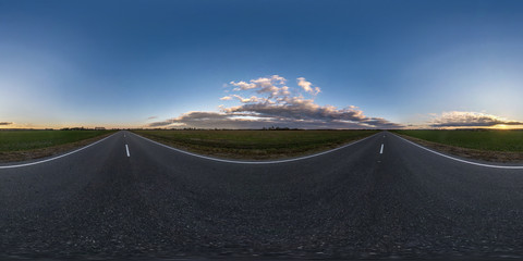 Wall Mural - full spherical hdri seamless panorama 360 degrees angle view on no traffic asphalt road among fields