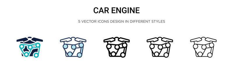 Car engine icon in filled, thin line, outline and stroke style. Vector illustration of two colored and black car engine vector icons designs can be used for mobile, ui, web