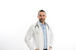 © W PRODUCTION - portrait of handsome man male doctor in hospital with a white lab coat studio shot isolated on white background