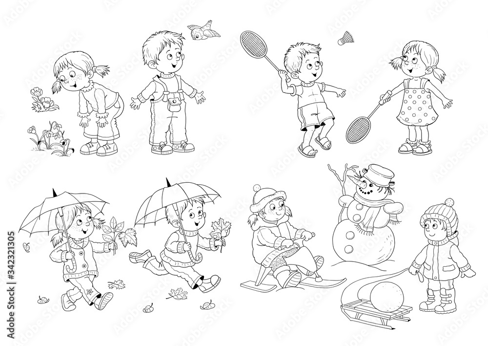 Four seasons. Spring, summer, autumn, winter. Set of 8 pictures. Cute ...