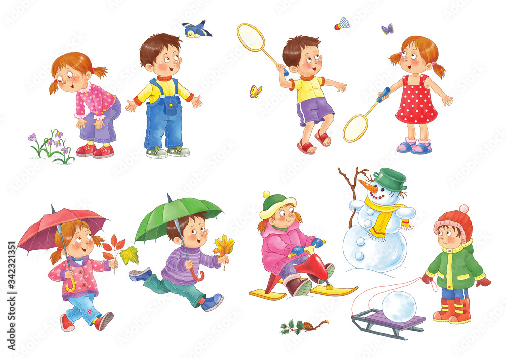 Four seasons. Spring, summer, autumn, winter. Set of 8 pictures. Cute ...