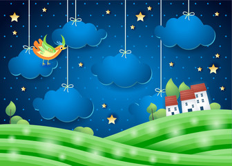 Wall Mural - Fantasy landscape by night with bird and village. Paper art