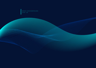 Abstract glow blue wave or wavy lines flowing design element on dark blue background.