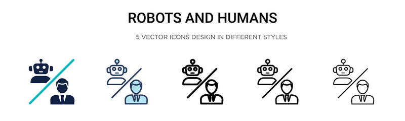Poster - Robots and humans icon in filled, thin line, outline and stroke style. Vector illustration of two colored and black robots and humans vector icons designs can be used for mobile, ui, web