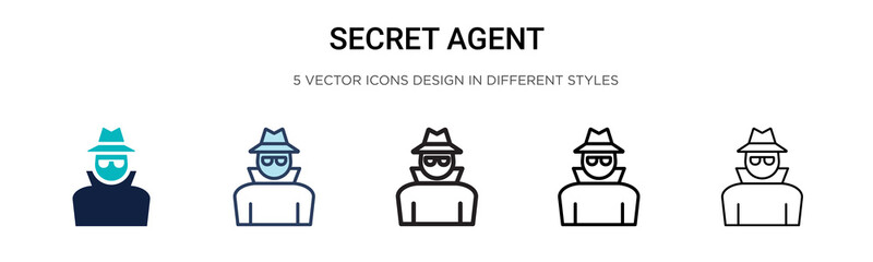 Secret agent icon in filled, thin line, outline and stroke style. Vector illustration of two colored and black secret agent vector icons designs can be used for mobile, ui, web