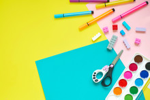 School Supplies, Stationery On Yellow Background - Space For Caption. Child Ready To Draw With Pencils And Make Application Of Colored Paper. Top View.
