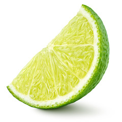 Poster - Standing ripe slice of lime citrus fruit isolated on white background with clipping path. Full depth of field.