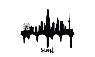 Seoul South Korea black skyline silhouette vector illustration on white background with dripping ink effect.