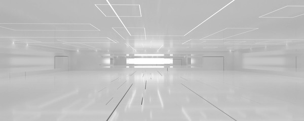 Poster - Modern futuristic white shiny architecture building interior with futuristic lighting 3d render illustration