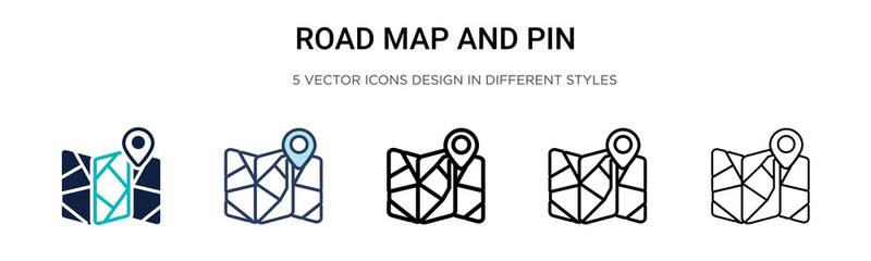 Poster - road map and pin icon in filled, thin line, outline and stroke style. vector illustration of two col