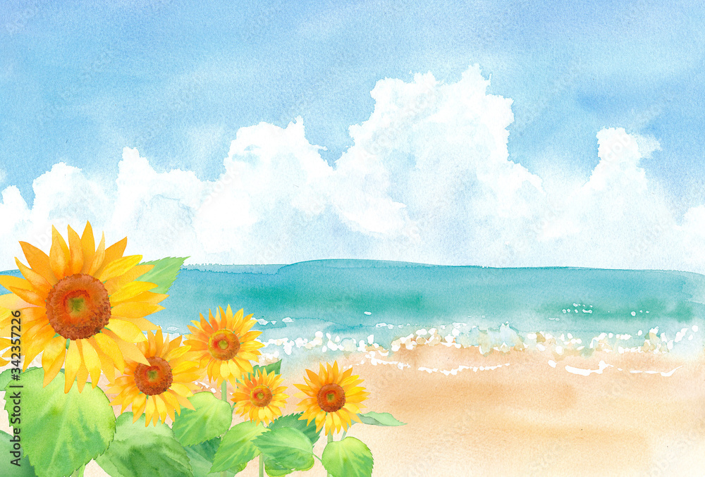 夏の積乱雲の空とヒマワリのある砂浜 水彩イラスト Background Wall Mural Backgrou Keiko Takamatsu