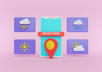 Aufkleber - Weather icons, symbols and smartphone. today weather forecast widget, mobile application concept. minimal design. 3d rendering