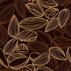abstract seamless pattern of a set of almond kernels, for menu design or confectionery, textiles, vector illustration with colored contour lines on a chocolate background in doodle & hand drawn style